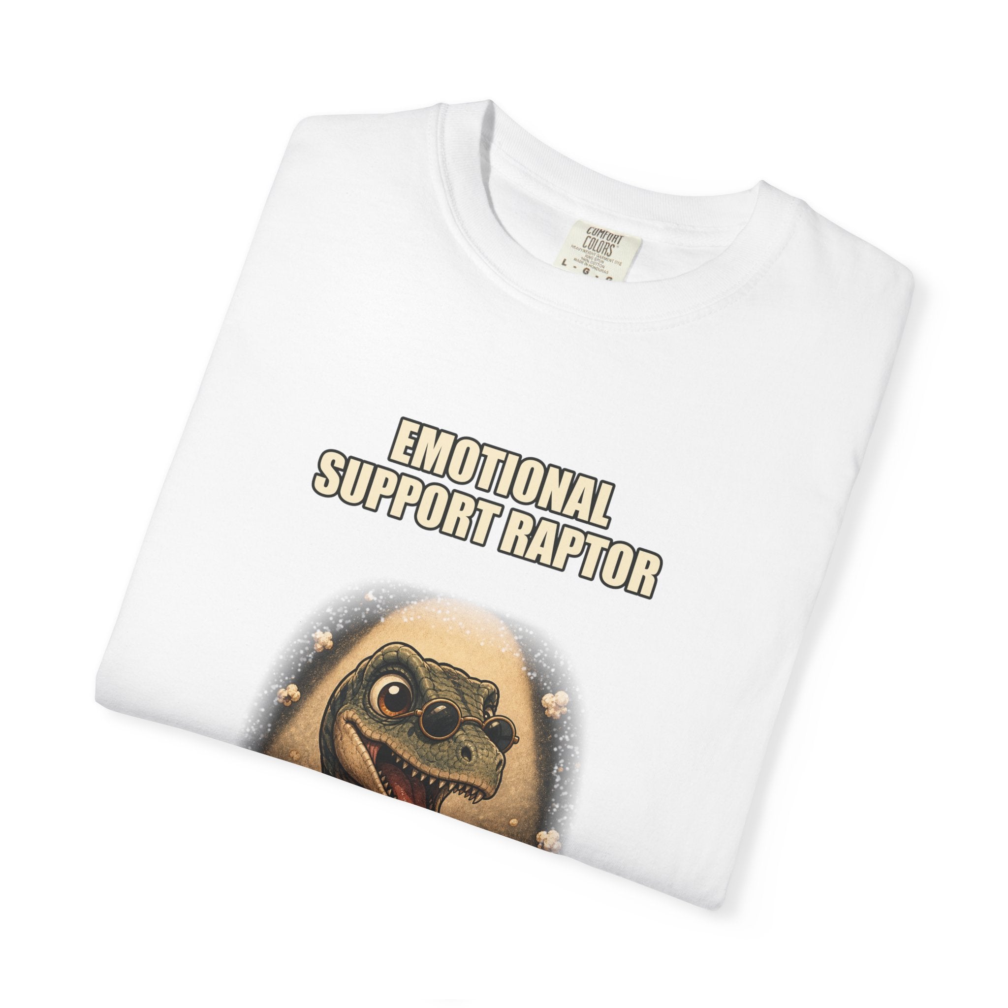 Emotional Support Raptor T-Shirt — Funny Dino Graphic Tee with Popcorn