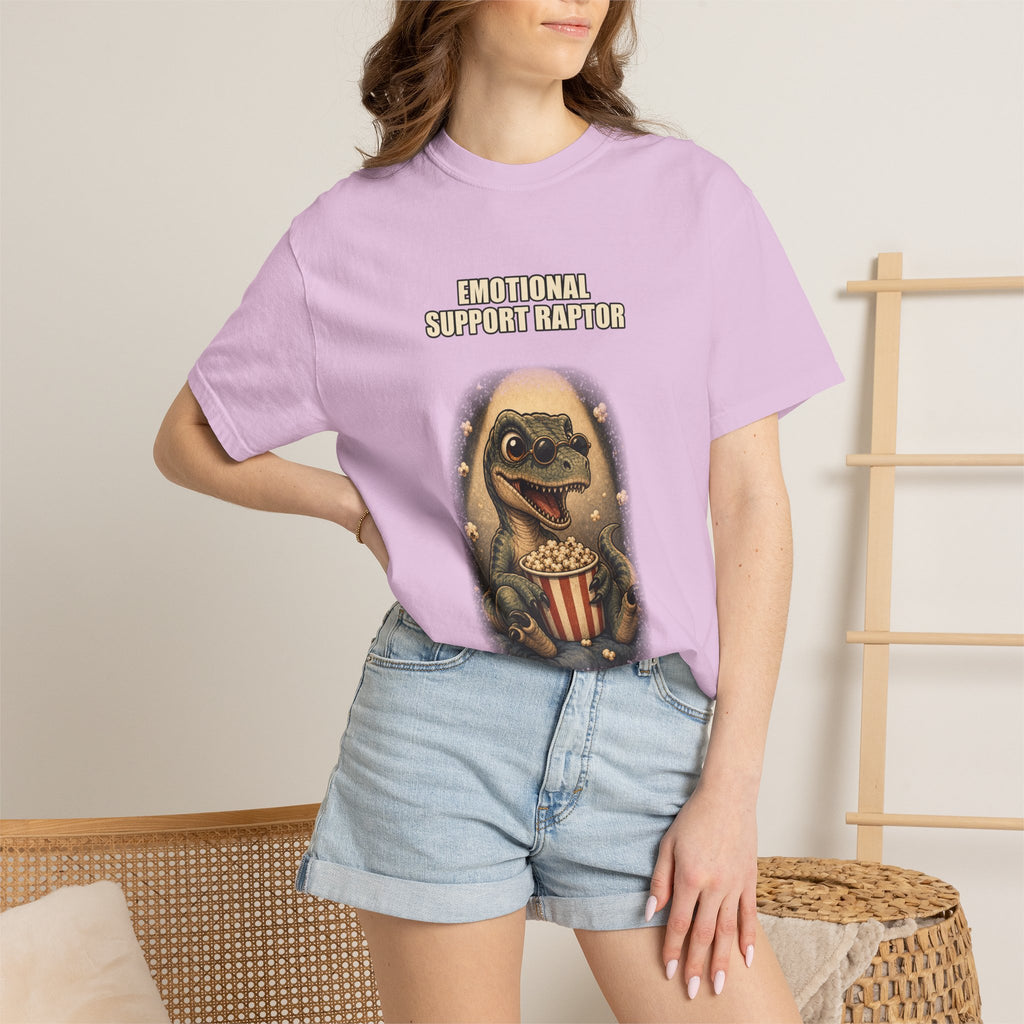 Emotional Support Raptor T-Shirt — Funny Dino Graphic Tee with Popcorn
