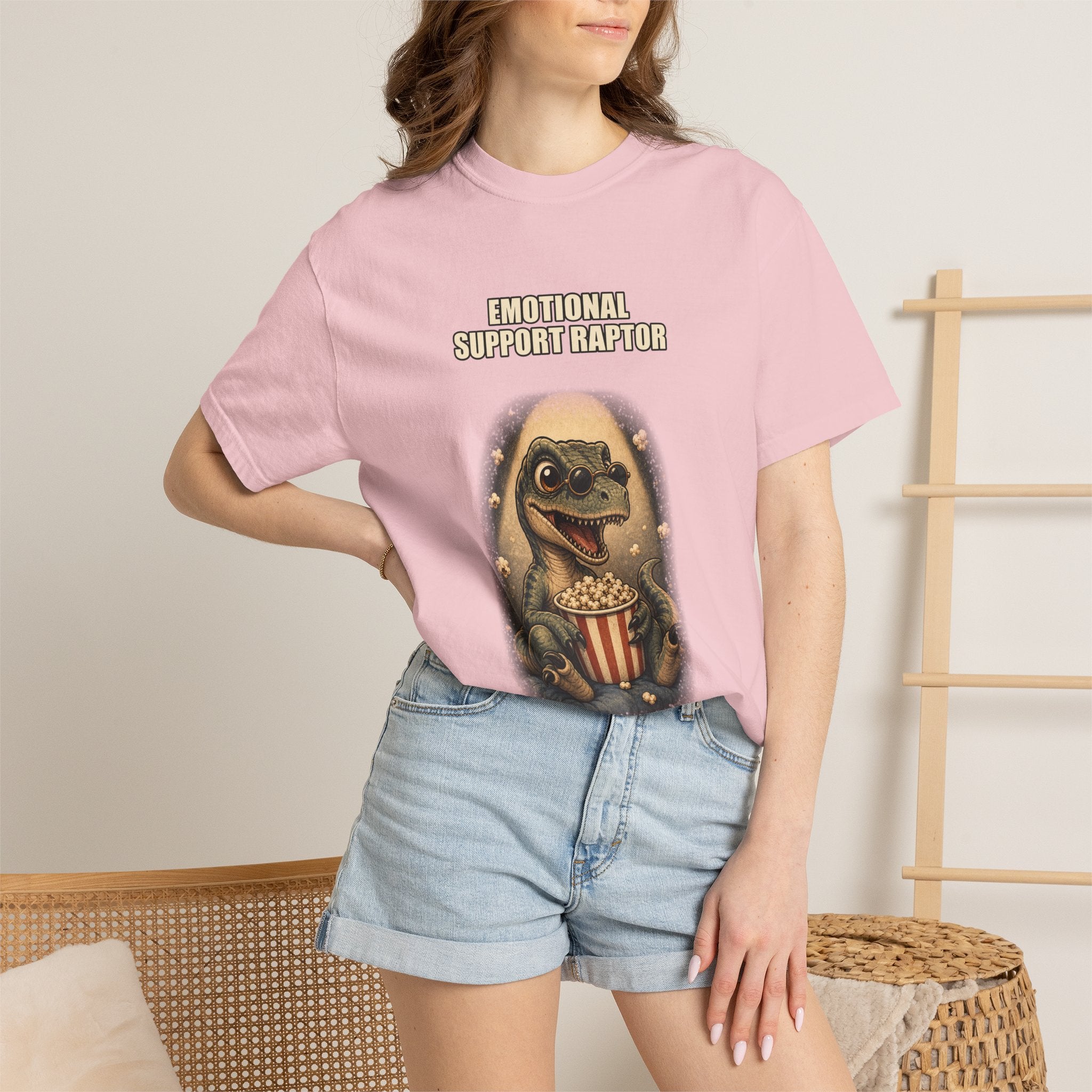 Emotional Support Raptor T-Shirt — Funny Dino Graphic Tee with Popcorn